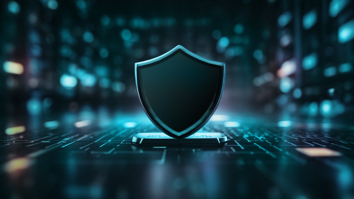 3D digital shield on abstract background device protection