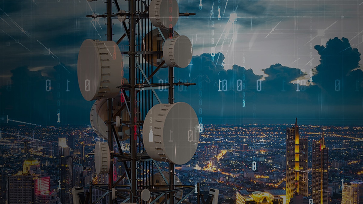 5G tower and city skyline