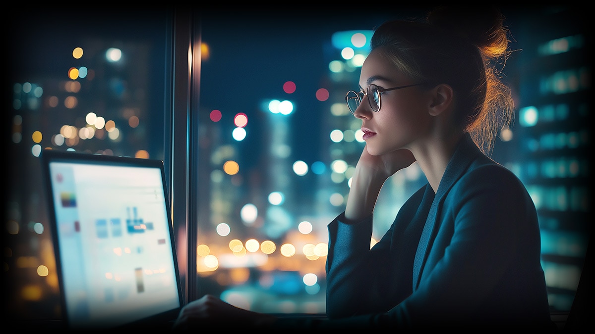 Businesswoman using laptop computer in a dark office Businesswoman using laptop computer in a dark office