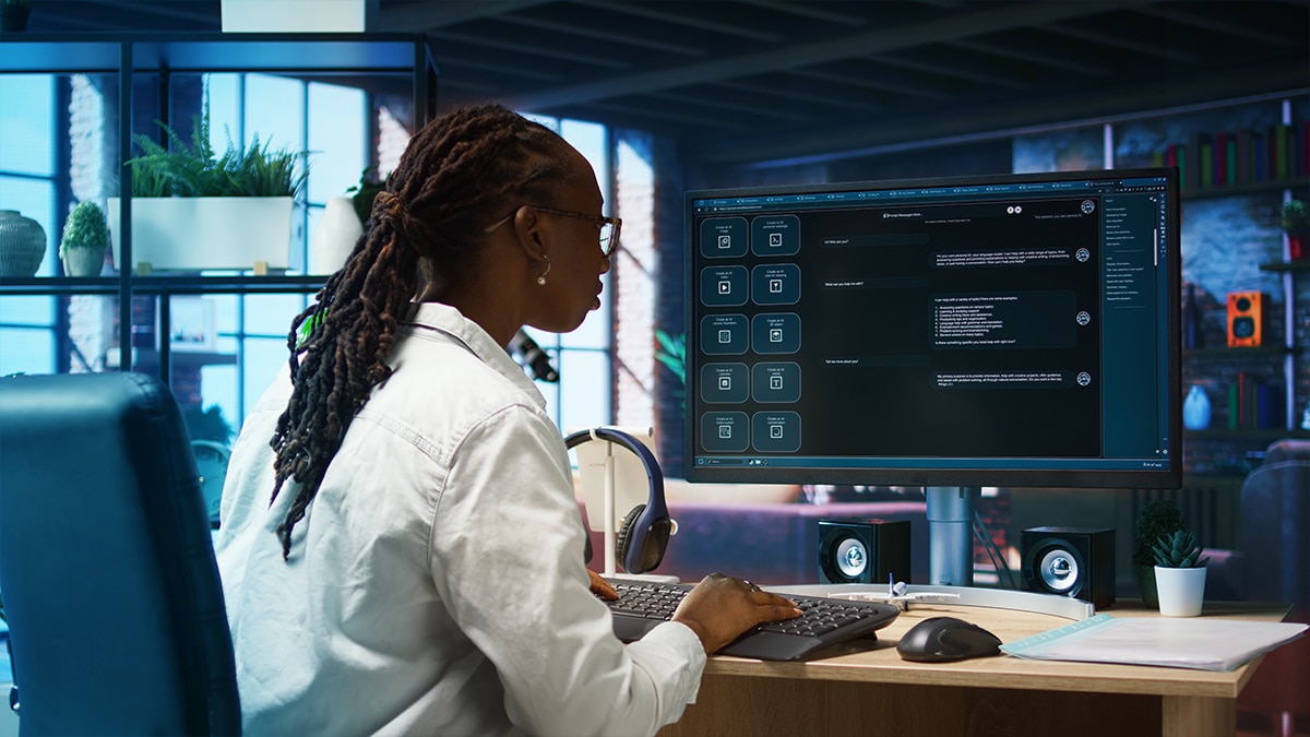 Woman solving personal tasks with AI LLM chatbot answering prompts Woman solving personal tasks with AI LLM chatbot answering prompts