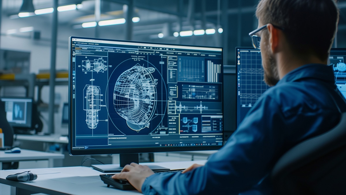 Engineer working with cad software on desktop computer screen Engineer working with cad software on desktop computer screen