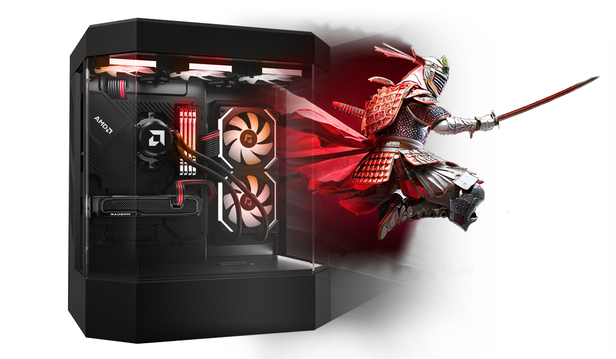 Gaming desktop computer with AMD Radeon and Ryzen, samurai from a video game Gaming desktop computer with AMD Radeon and Ryzen, samurai from a video game